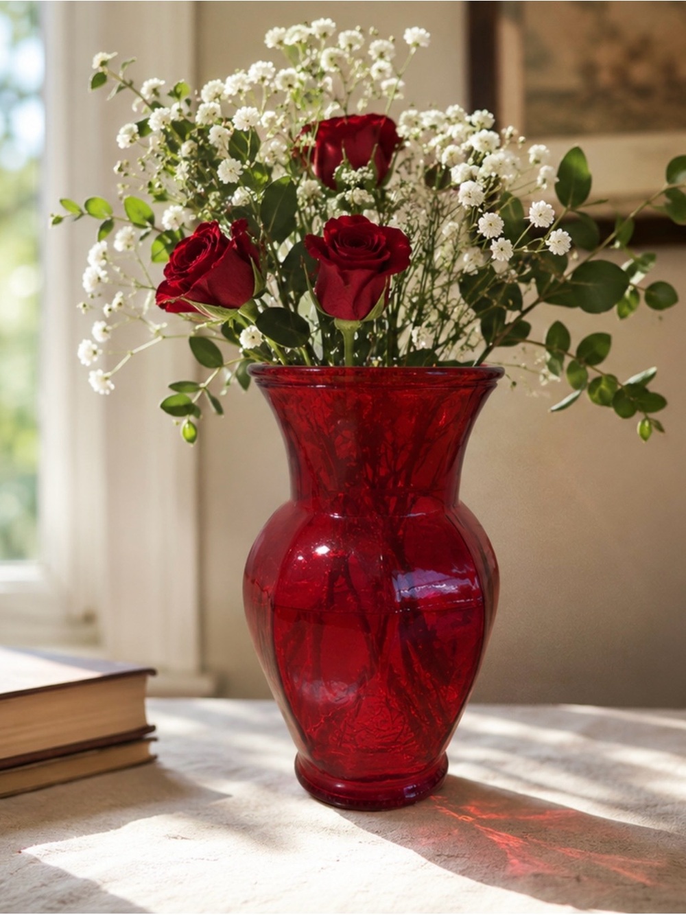 Ruby Red Glass Flower Vase Bold Romantic Vintage Home Decor